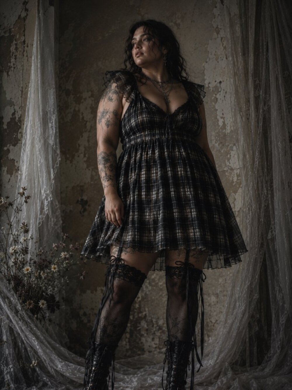 Y2K Grunge Plaid Sheer Babydoll Mini Dress Goth Fairycore